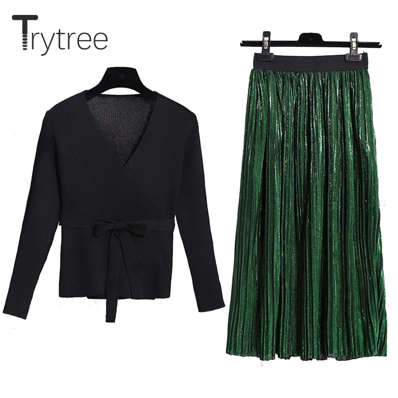Trytree Spring summer Set Women two piece set Casual Fashion tops + skirt Top V-neck Office Polyester Solid Suit Pullover | Женская