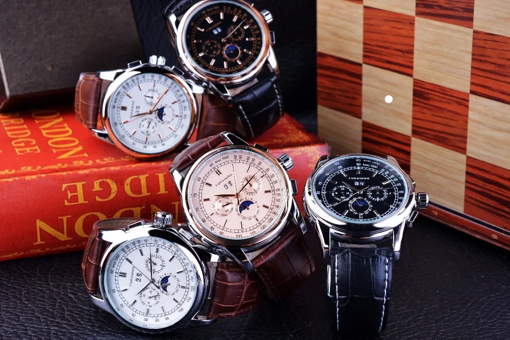 Forsining Moon Phase Шанхай часовой механизм розовое золото чехол коричневый Натуральная кожа ремешок мужские часы лучший бренд класса люкс Auotmatic часы