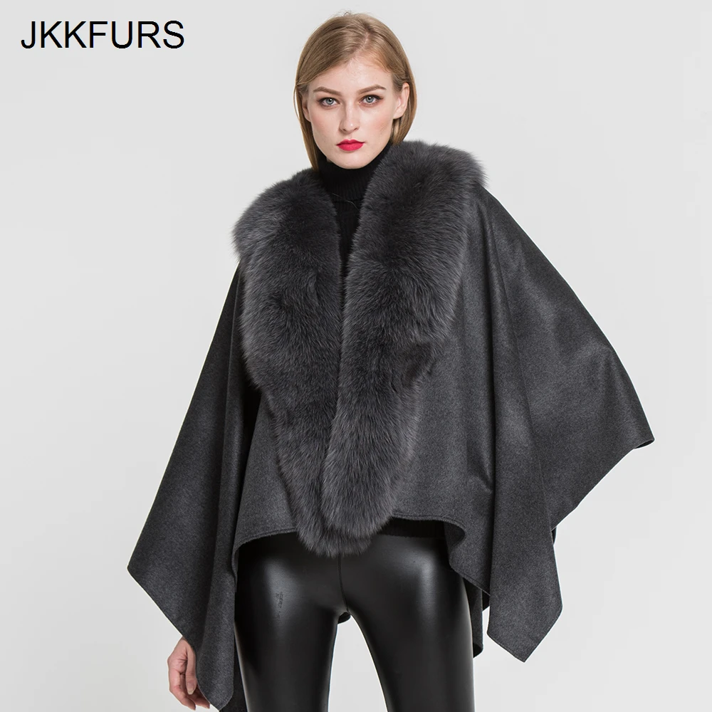 

JKKFURS Women's Real Fur Poncho Genuine Fox Fur Collar Trim & Wool Cashmere Cape Fashion Style Winter Warm Coat S7357
