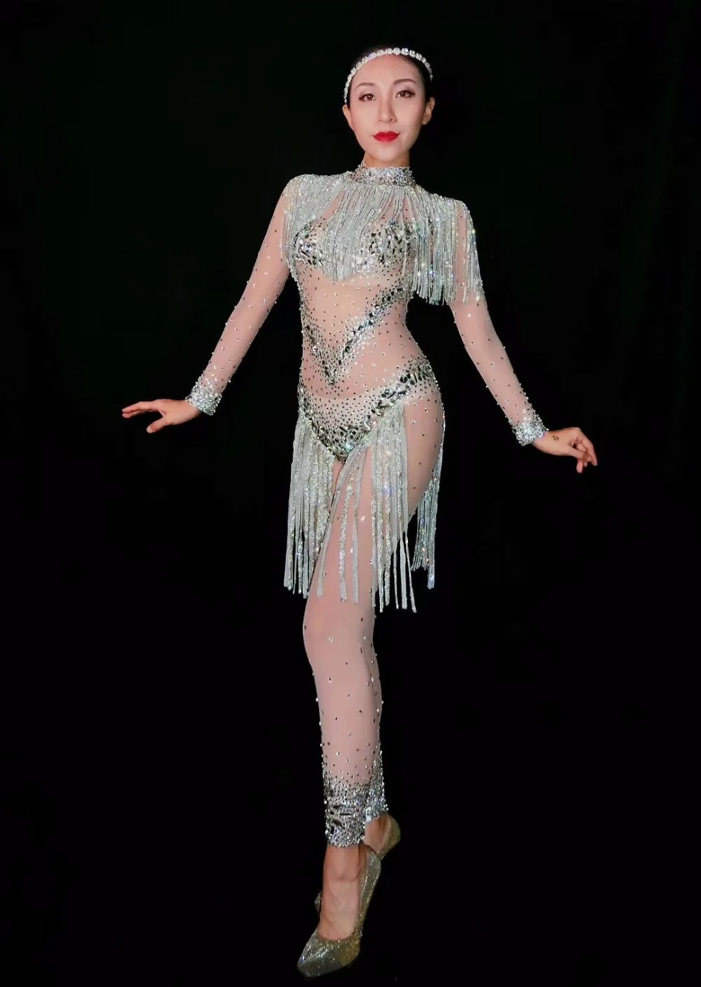 Женский модный блестящий сексуальный комбинезон с кисточками Комбинезоны для