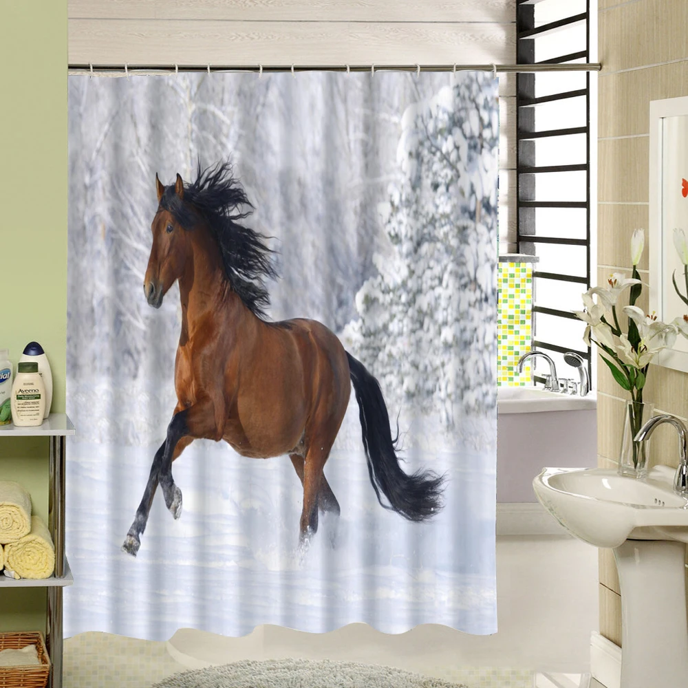 Horse Shower Curtain White Brown Polyester Fabric Bathroom Waterproof Designer Art 3d Printing | Дом и сад