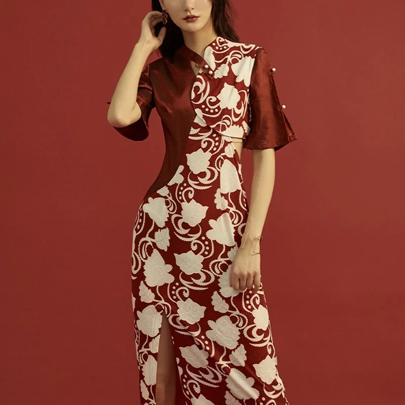 Modern Chinese Cheongsam Qipao Women Shanghai Tang Casual Stain Dress Retro Robe Vintage Femme 2019 Summer Dresses TA1446 | Тематическая