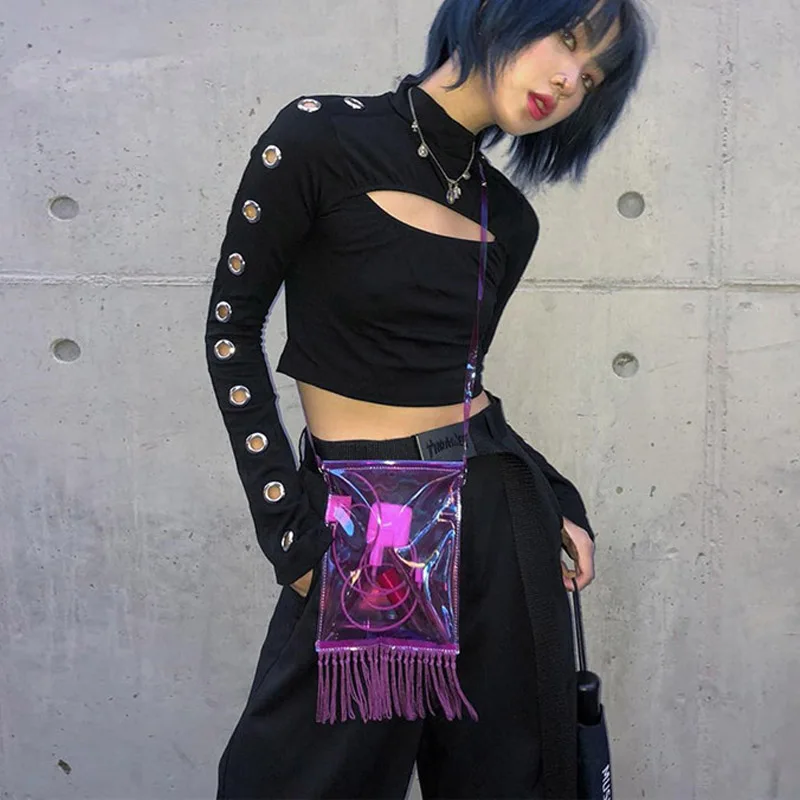 Harajuku черный углубление грудной клетки футболки Для женщин Украшенные