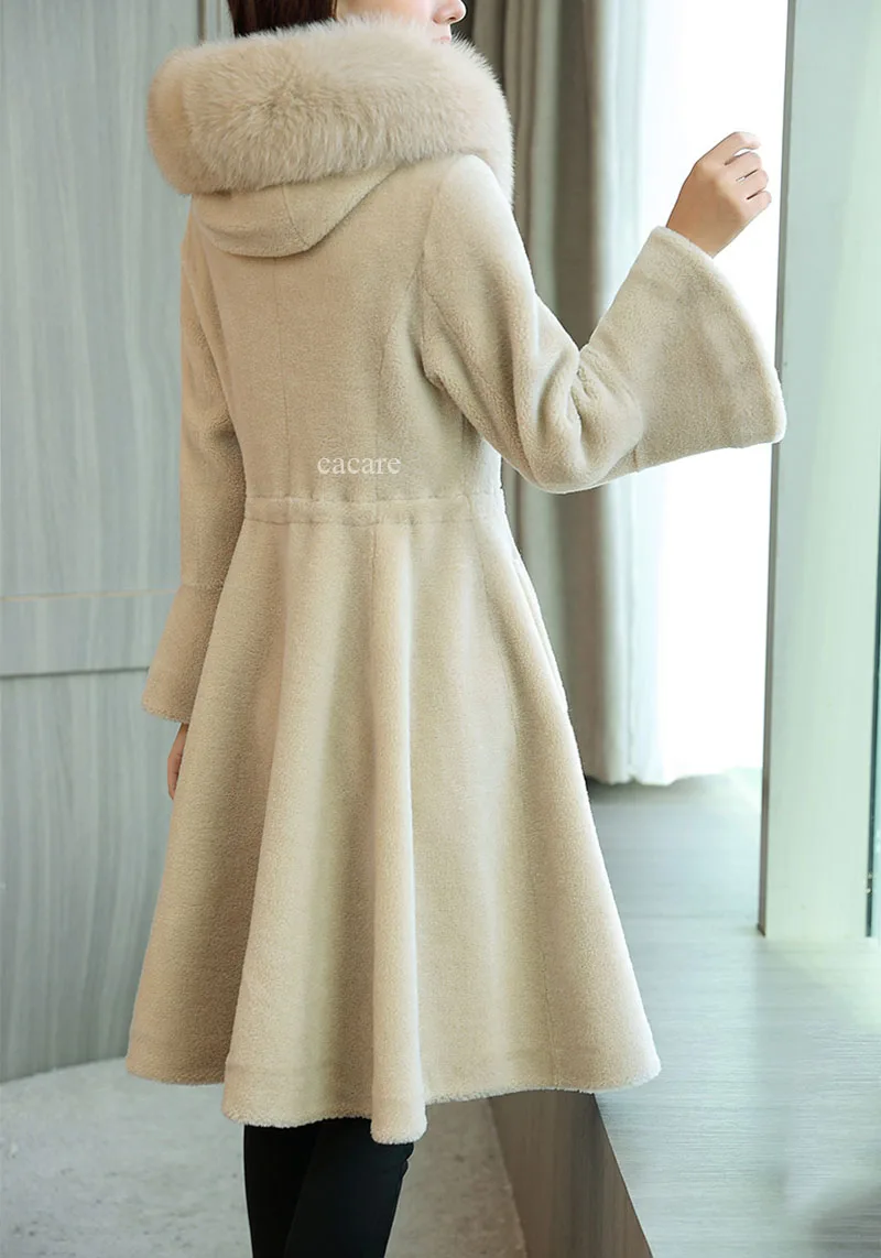 

Suede Fabric Wool Winter Woman Coats 2018 Cashmere Coat Fox Fur Collar Hooded F0190 Single Breasted Bell Sleeve Dress Style