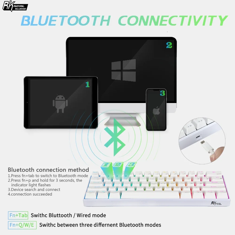 RK RK61 Механическая игровая белая клавиатура беспроводная Bluetooth 60% клавиатуры 61 клавиш RGB подсветка фоновой подсветкой с переключателями Blue Brown Red.