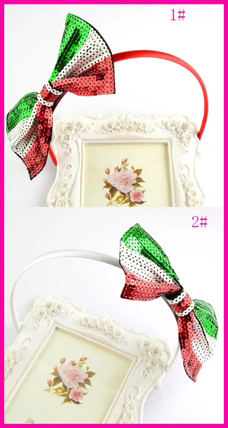 

10PCS 10mm plastic headbands with 14.0cm 5.5" bling bling sequin bows Red White Green combined Christmas Tone bow