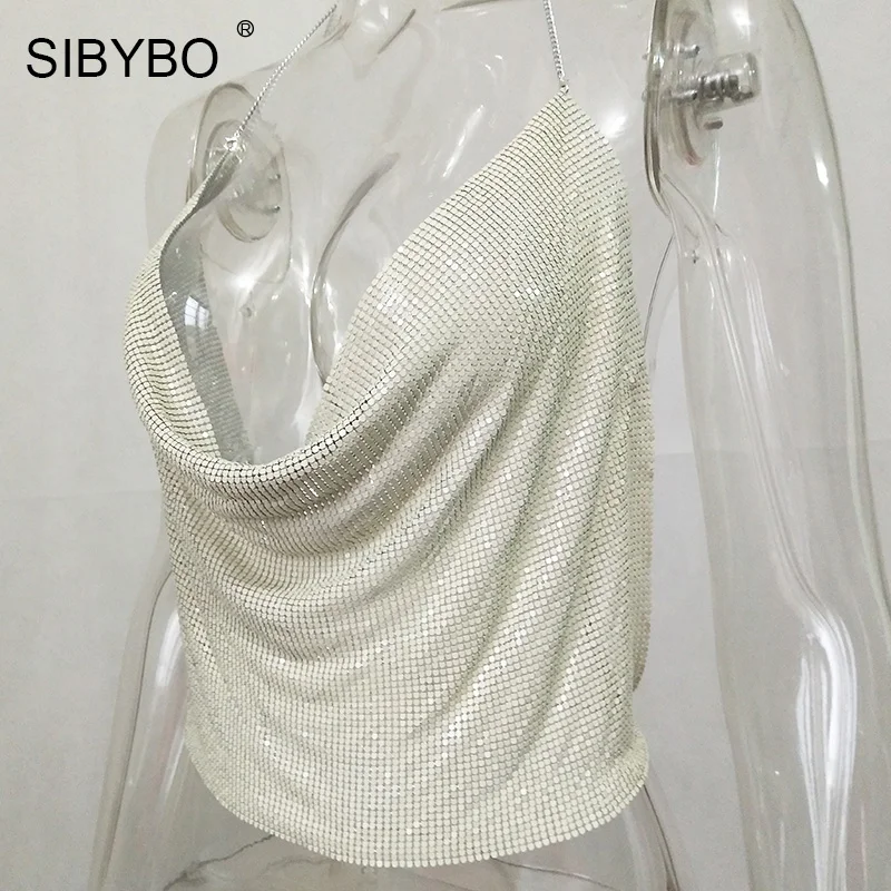 Sibybo, сексуальные женские топы с металлической отделкой,, с открытой спиной, топы с бюстгальтером без косточек, летние, пляжные, вечерние, Клубные, женские, с блестками, Обрезанные, майка, камзол