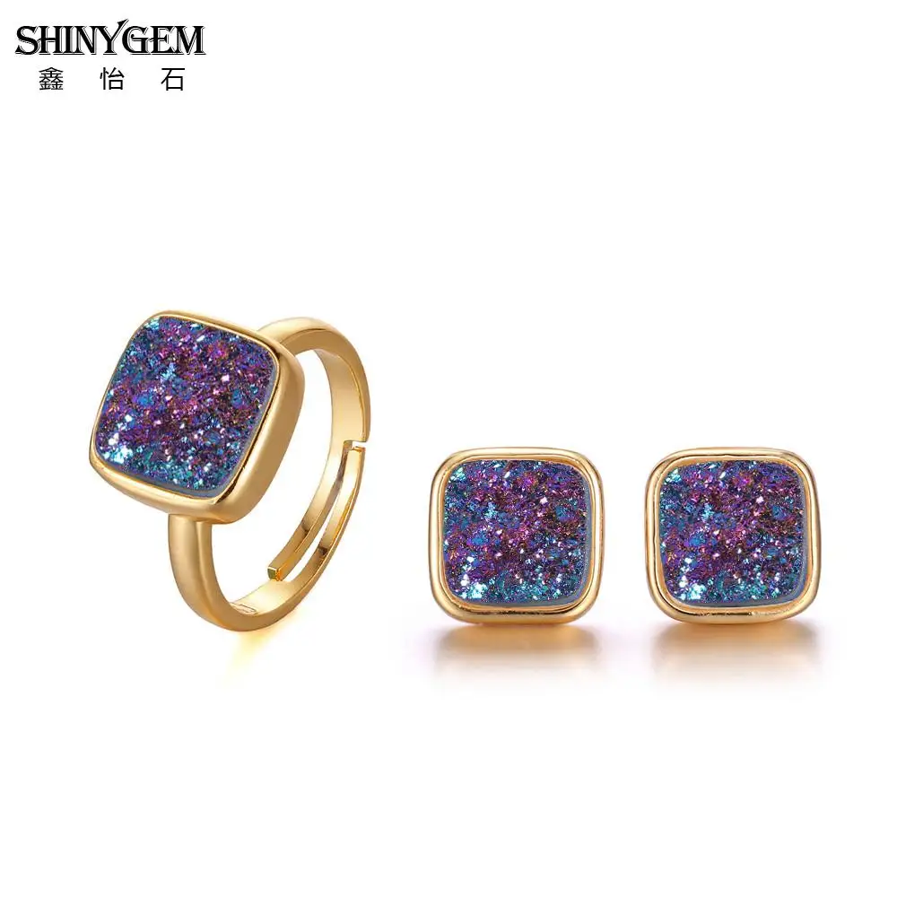 Серьги гвоздики с натуральным кристаллом ShinyGem Square регулируемые кольца