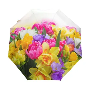 Автоматический зонт с принтом ярких цветов, Женский Зонт от дождя, с защитой от ультрафиолета, складывается в три раза, с черным покрытием