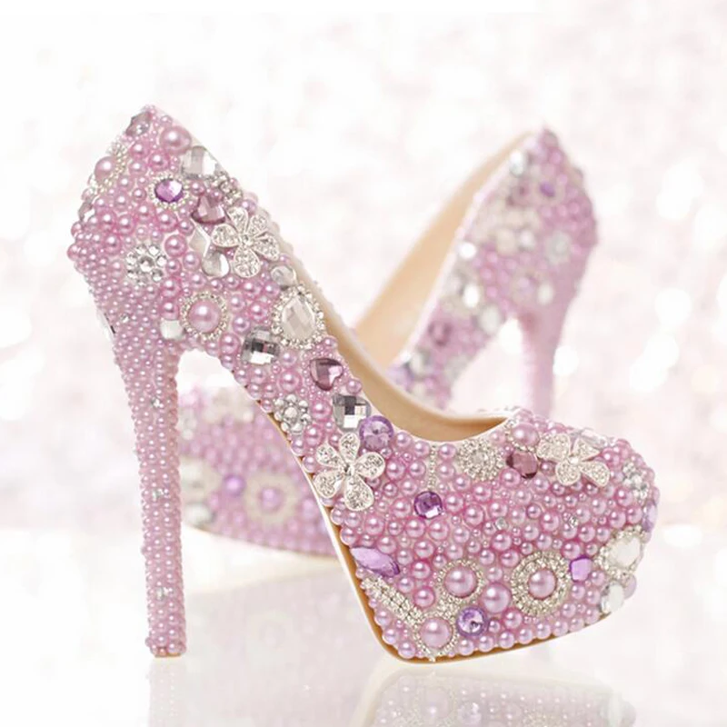 

High Heels Popular Formal Shoes Gorgeous Rhinestone Pumps Beautiful Lavender Purple Pearl Bridal Shoes Special Event Party