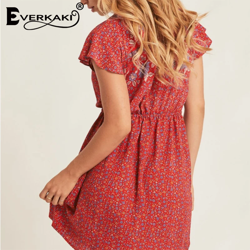 Everkaki Boho мини платье с цветочным принтом для женщин кисточками и поясом v образным