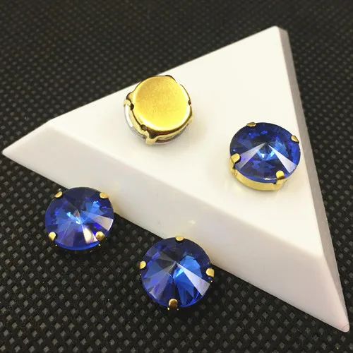middle blue Круглый Rivoli пришить стразы с золотой коготь настройки 6 8 10 12 14 16 мм Стеклярус для шитья камни для Одежда - Цвет: middle blue