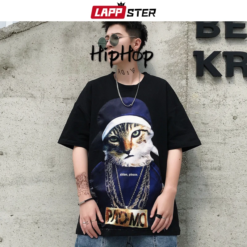 LAPPSTER Cat Повседневная летняя футболка 2020 мужская Японская уличная одежда хип-хоп