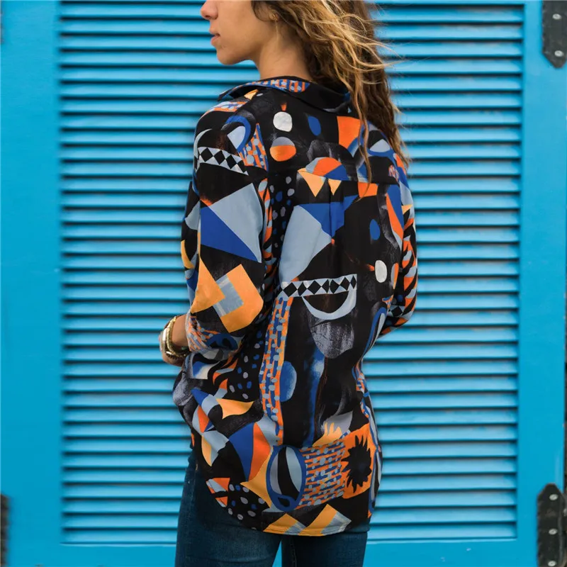 Весна Осень 2020 женская блузка с принтом длинный рукав геометрический принт