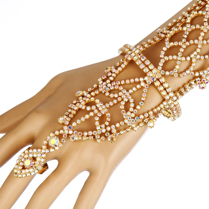 Женский браслет со стразами с кольцом цепочкой на запястье для свадебных