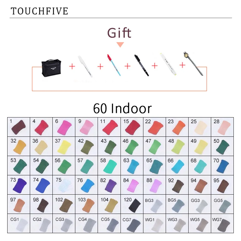 60 INDOOR TouchFIVE 20 Вт, 30 Вт/40/60/80 Цвет маркеры манга рисунок Маркеры Ручка на спиртовой основе эскиз жирной двойной кисть товары для рукоделия - Цвет: 60 INDOOR