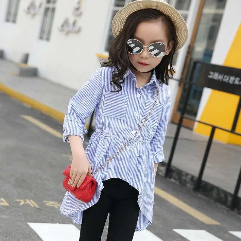 Модная одежда для подростков на осень и весну 2018 рубашки в синюю полоску девочек