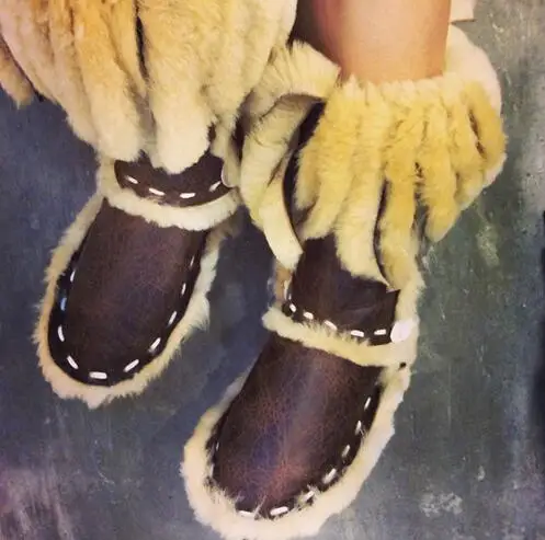 Модные женские зимние сапоги в эскимоском стиле с мехом и бахромой Зимние теплые