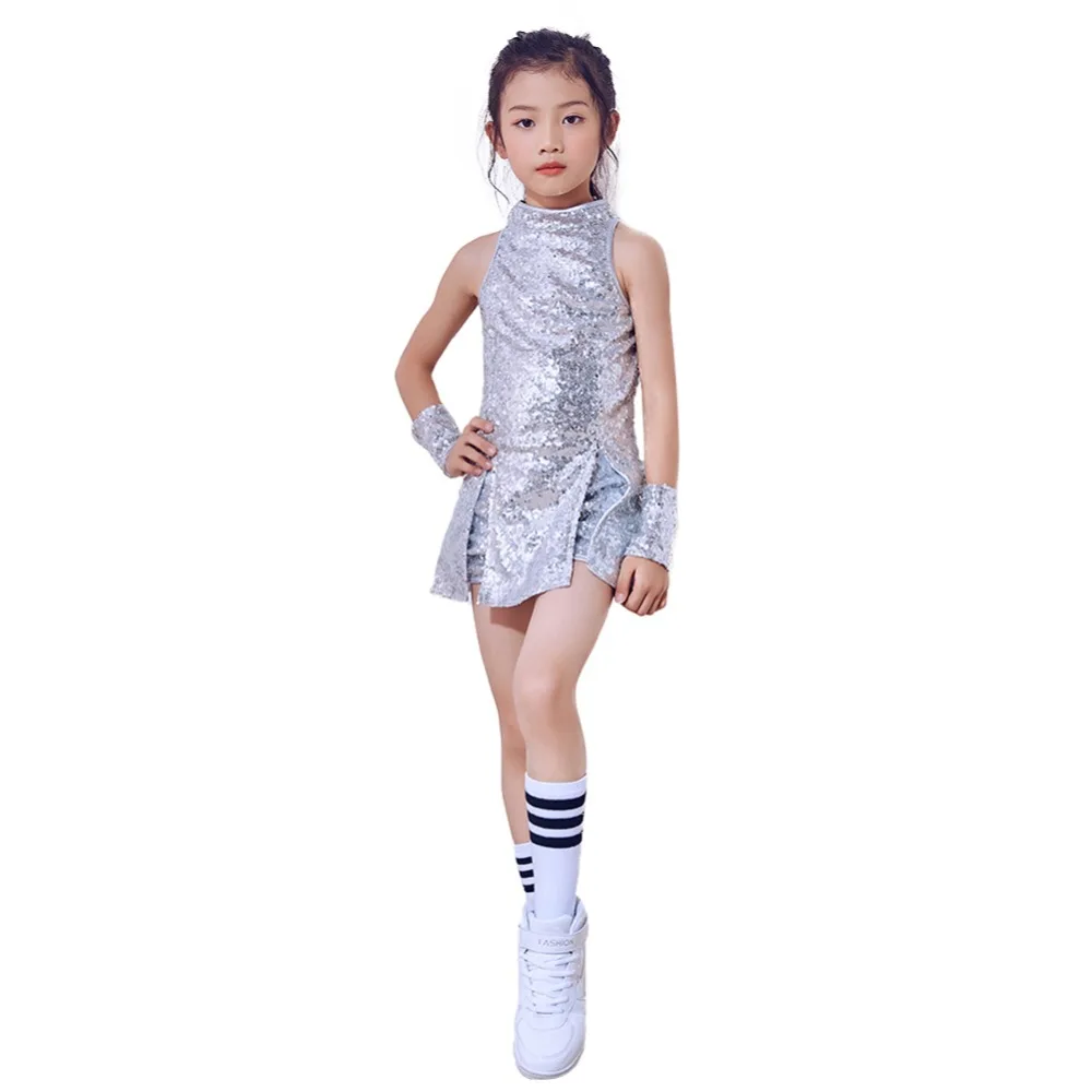 4 PCS Children Girls Sequins Jazz Latin Hiphop Street Dance Dress Costume Ballroom Dancewear Stage Performance Clothing Set | Детская