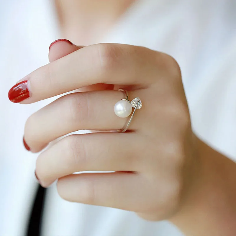 New Women Fashion Simulated Pearl Rings Cute Silver Love Heart Rhinestone Zircon Open Ring Party Jewelry Valentine's Day Gifts|Кольца| |