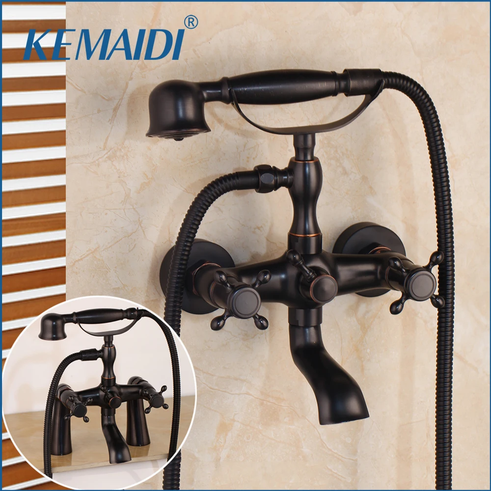 

KEMAIDI Bathroom Basin Sink Faucet Mixer Tap Bathtub Telephone Deck Mount Double Handles polished ORB Bathub+Handshower Shower