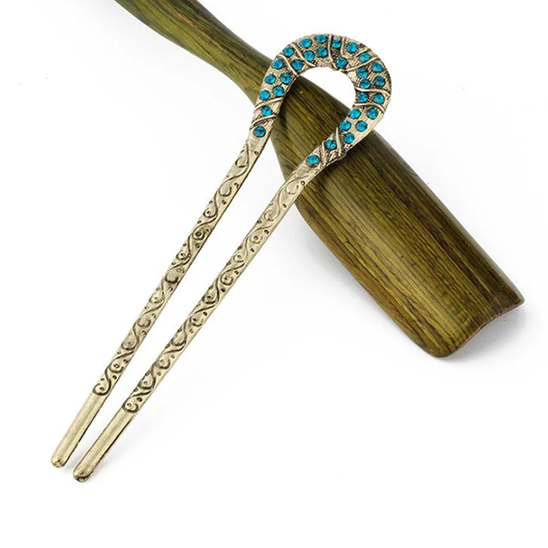 Retro Hair Jewelry Antique Bronze Sticks U Shape Hairpins Women Vertical Clip Rhinestone Flower Accessories | Украшения и