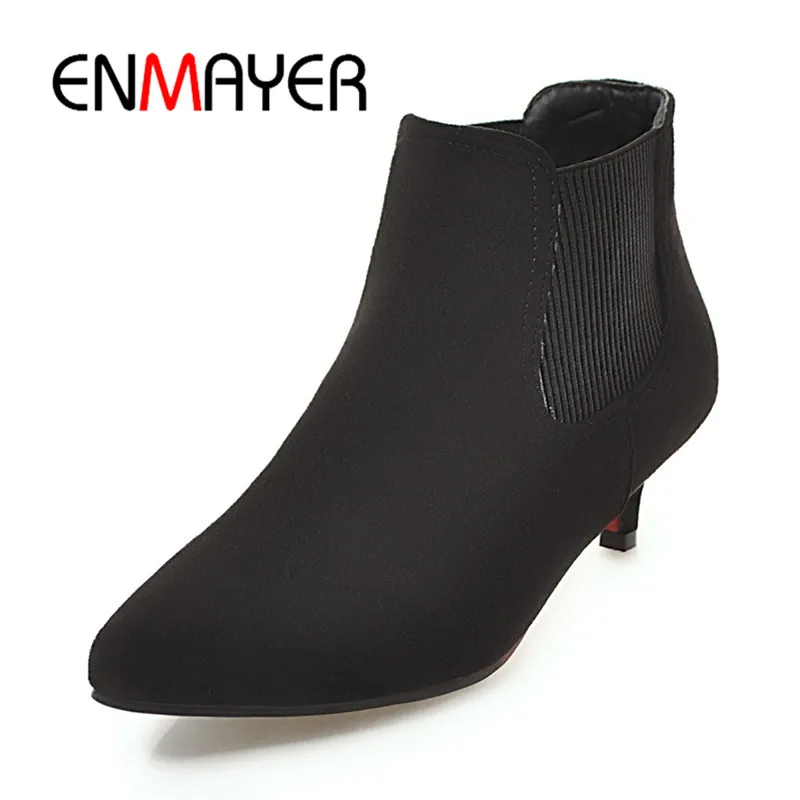 

ENMAYER Women Ankle Boots solid Pointed toe Thin heel lady Causal Shoes high heel boots Big size 34-48 Black Elatic band CR918
