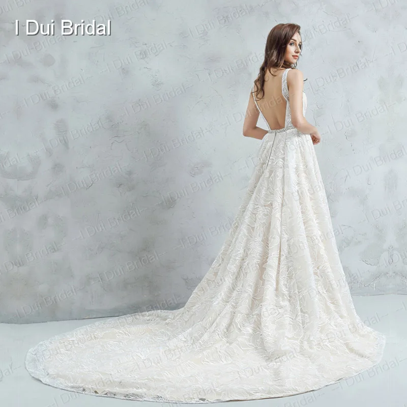 V Neck A line Wedding Dress Solid Lining Crystal Belt Low Back Unique Lace Bridal Gown