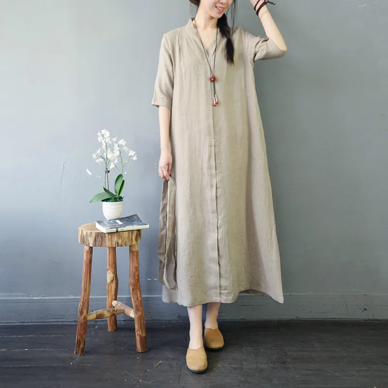 Summer Dress 2019 Elegant Women Deep V Neck Fashion With Sashes Loose Vintage Linen Maxi Spliced Fixed Button Pocket | Женская одежда