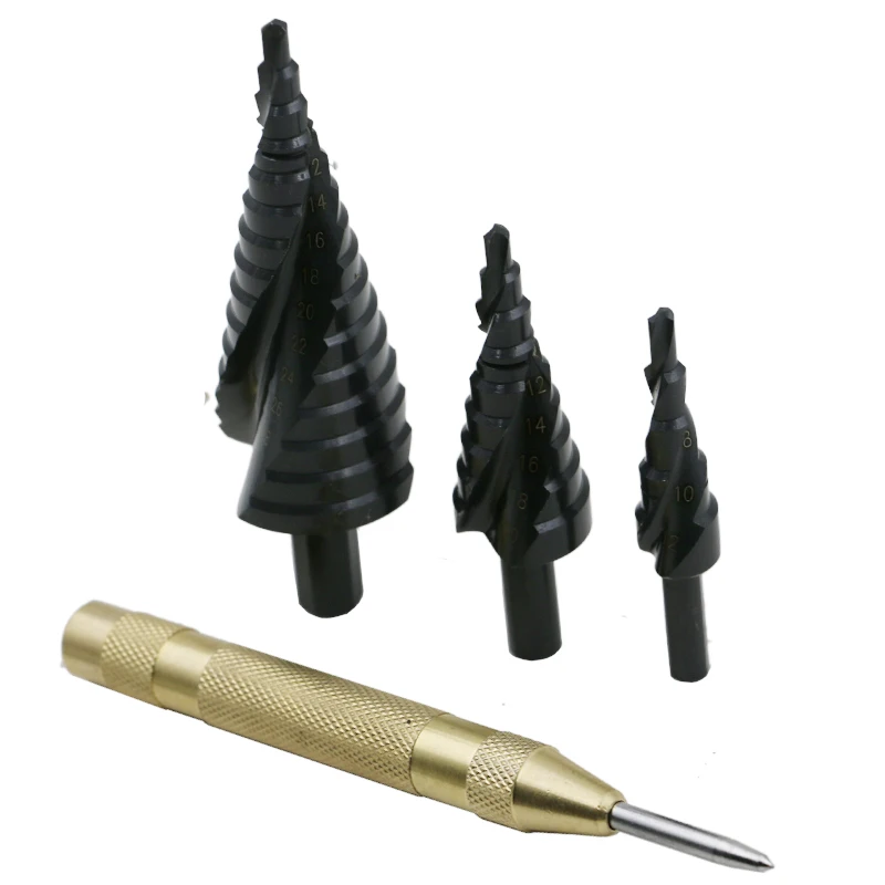 

4pcs / set HSS 4241 Nitriding Spiral Flute Step Drill +5 Inch Automatic Center Pin Punch Spring