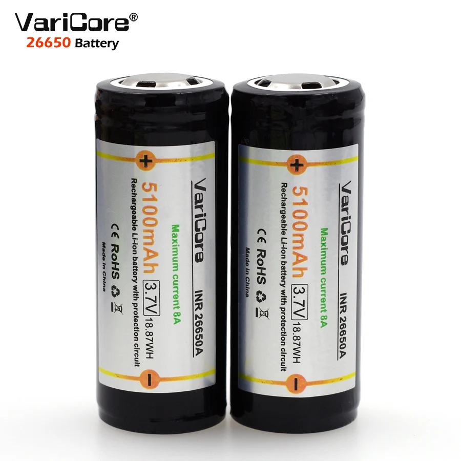 

2 шт. VariCore защиты 26650 5100mAh 3,7 V литий-ионная Перезаряжаемые Батарея с печатной платой 8A 3,6 V Мощность Аккумуляторы для фонарика