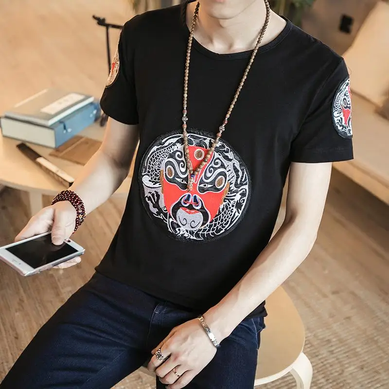 

LOLDEAL Summer Tee Shirt Peking Opera Mask Embroidery Men's Short-sleeve T-shirt