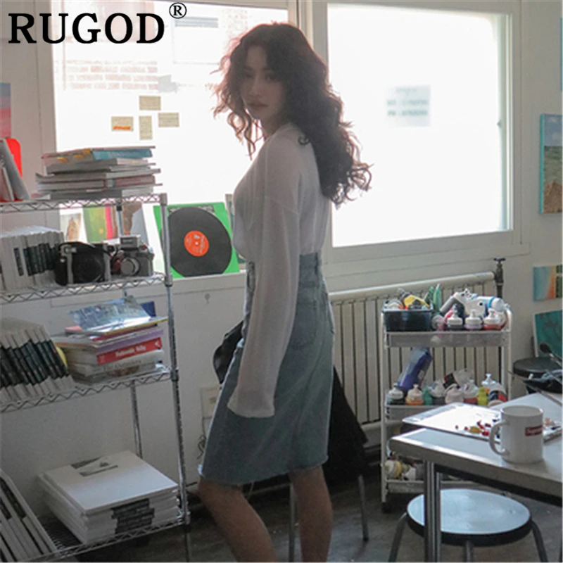 Женская джинсовая юбка RUGOD Асимметричная Повседневная Джинсовая Юбка До Колена