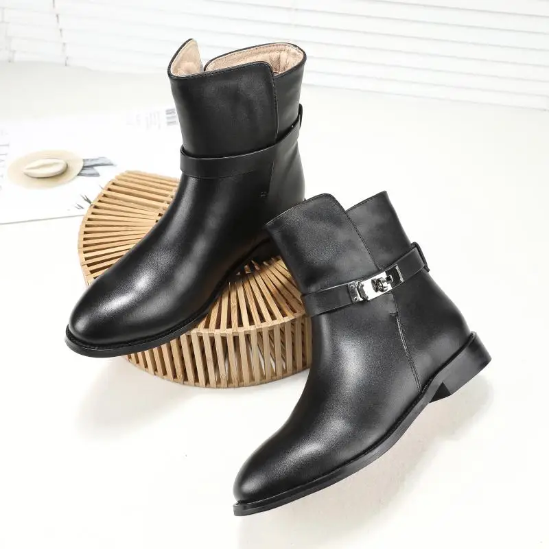 

Classic Fashion Metal Lock Winter Women Ankle Boots Genuine Leather Ladies Short Flats heel Buckled Brand Shoes zapatos mujer