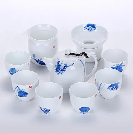 03 Style Ручная роспись синий и белый керамический чайный набор кунг-фу Gaiwan белый фарфоровый чайник Крышка Чаша чайная чашка 6 человек домашний подарочный набор - Цвет: 03 Style