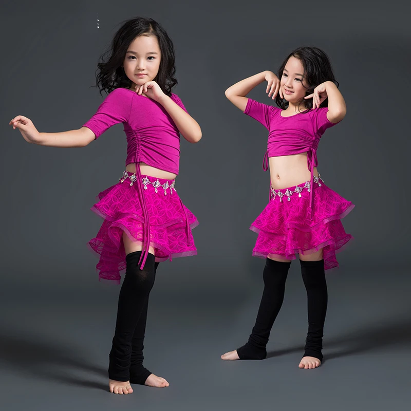 Восточные костюмы Bellydance для детей рубашка с коротким рукавом кружевная юбка