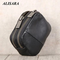 alisara double zipper coin purses genuine leather mini coin pouch 100 cowhide men women small wallets card holder bag black