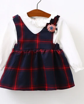 2016 Детская одежда хлопковая клетчатая юбка на бретельках с длинными рукавами для