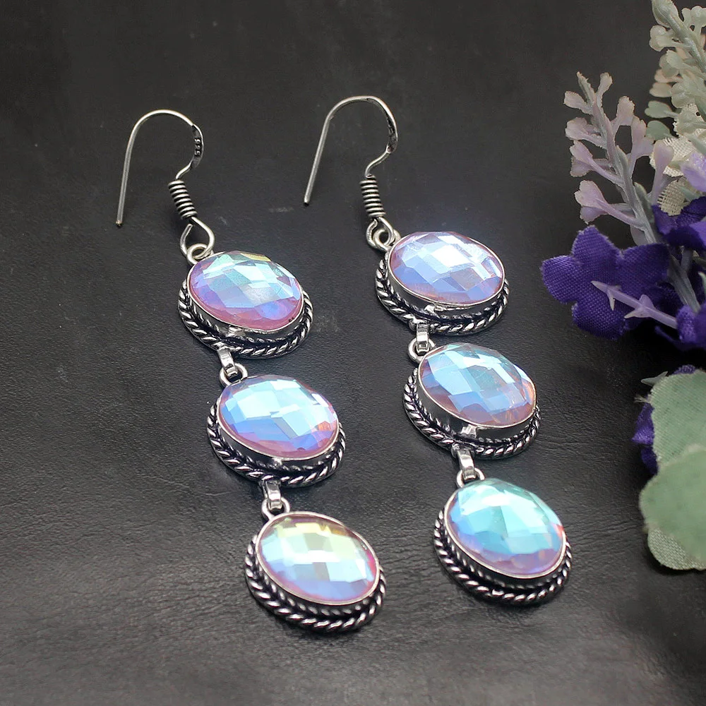 Antique Charms Colorful Shiny Topaz925 Sterling Silver Color Women Dangle Earrings 2 3/4 Inch TF679 Free Shipping | Украшения и