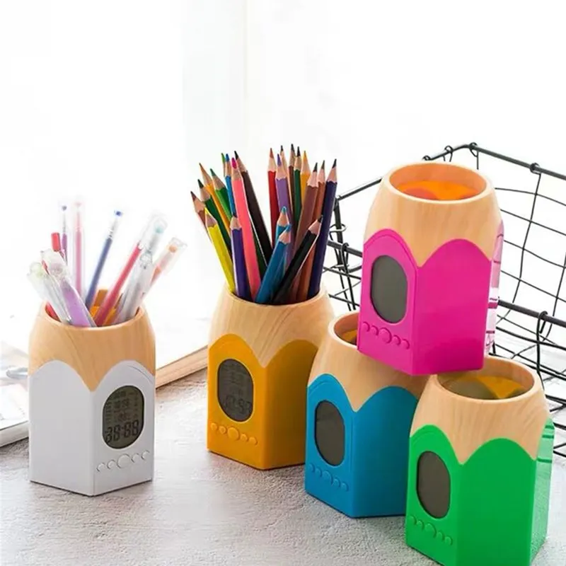 

Pencil Head Shape Pen Holder with LED Digital Alarm Clock Multi-function Pencil Pot Table Clock with Office Temperature Calendar