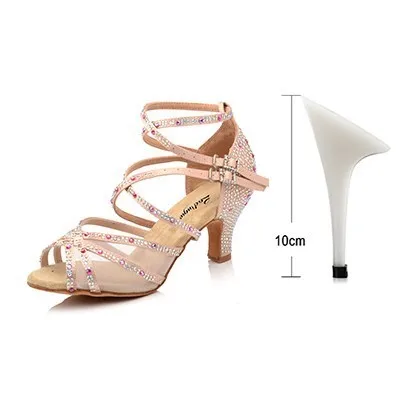 Apricot 10cm Ladingwu/Женская обувь для танцев; фиолетовые атласные стразы; обувь для латинских танцев; женская обувь для сальсы; Обувь для бальных танцев - Цвет: Apricot 10cm