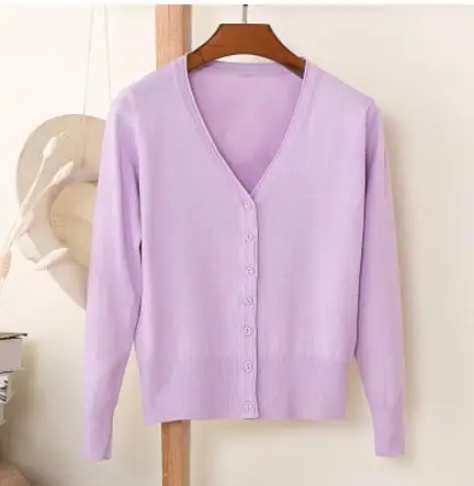 light purple Женский кардиган, свитер большого размера, пальто, весна-осень, однобортный, длинный рукав, вязанные свитера для девушек, джемпер, плюс размер 4XL - Цвет: light purple