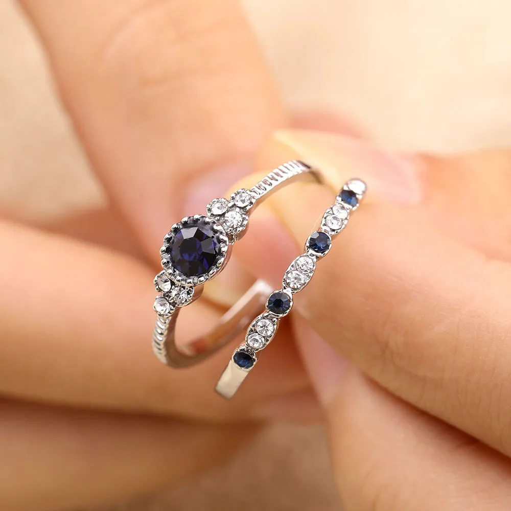 Blue Color 2 шт./компл. ; роскошная женская обувь, расшитая зелеными синий камень кольца с настоящими Австрийскими кристаллами Для женщин серебряного цвета Цвет циркония свадебные Обручение кольцо ювелирные изделия Размеры 6 7 8 9 - Цвет основного камня: Blue Color