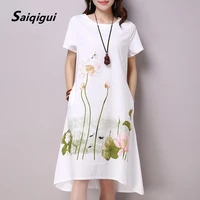 saiqigui summer dress plus size short sleeve white women dress casual cotton linen dress lotus printing o neck vestidos de festa