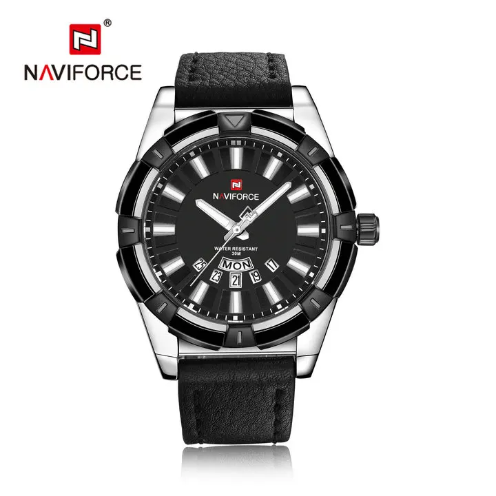 BLACK SILVER NAVIFORCE Роскошные брендовые военные спортивные мужские часы, синие водонепроницаемые кварцевые часы с кожаным ремешком, модные модельные Аналоговые часы с датой - Цвет: BLACK SILVER
