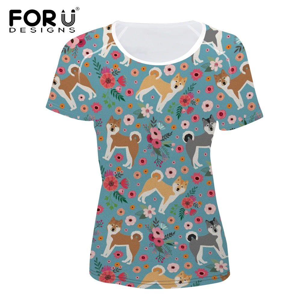

FORUDESIGNS Women Akita Flower Printing T Shirt Female Fashion T-shirt Cartoon Pattern Kawaii Tee Shirt for Ladies Fitness Cloth