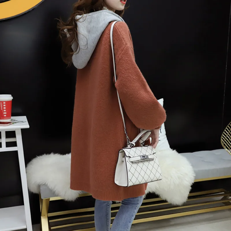 Autumn Winter Hooded Long Sweater Cardigan Women 2019 Fashion Lantern Sleeve Pocket Jacket Elegant Blue Caramel Colour Outerwear |