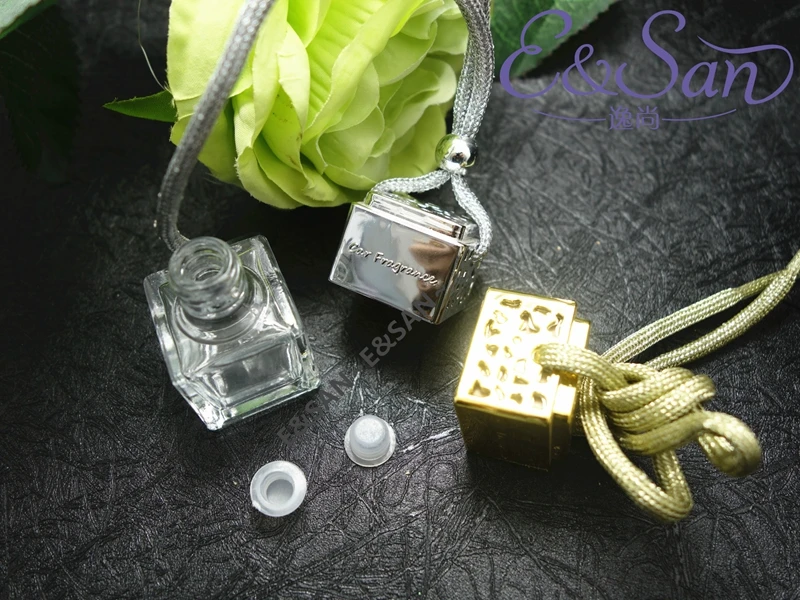 

FMS014-6ML Silver and Gold Refillable Square Bottle with A Cover Car Ornaments Perfume Bottle Glass Empty Bottle 100PCS/LOT
