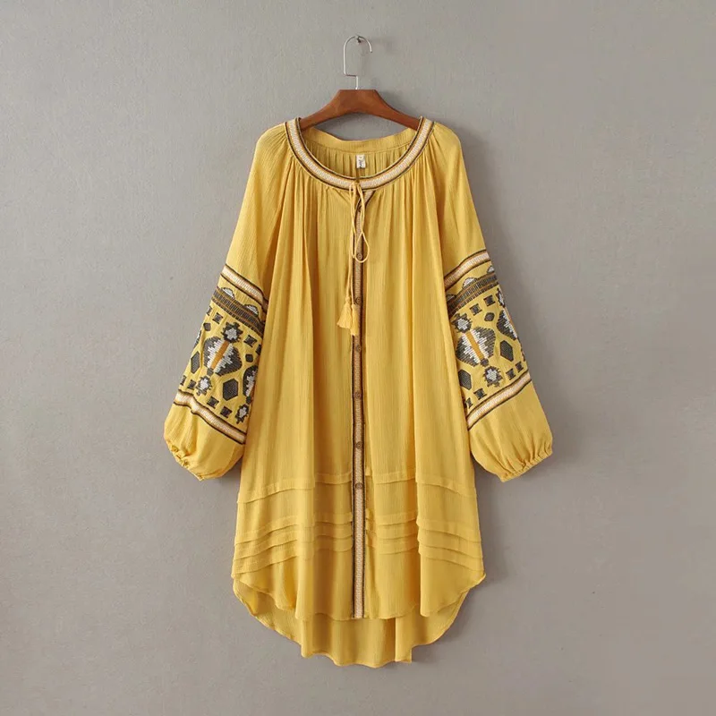 Brand Summer Runway Dress 2018 Loose Causal National Embroidery Vintage Retro Boho Beach Tassel Long Sleeve Dresses White | Женская