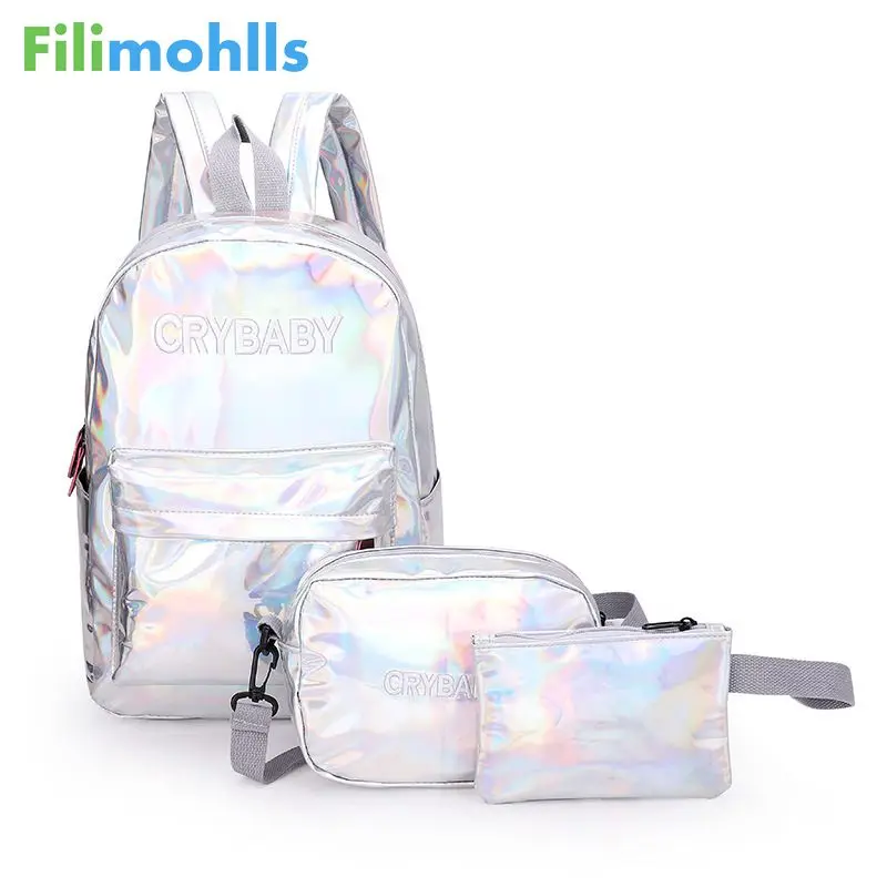 

2022 Holographic Laser Backpack Embroidered Crybaby Letters Hologram Backpack School Bag +shoulder bags +penbags 3pcs/set S1907